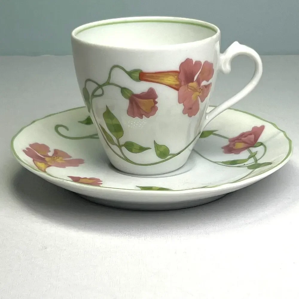 Denby-Langley Your Majesty Flat Demitasse Porcelain Cup Saucer Set Trumpet Vine